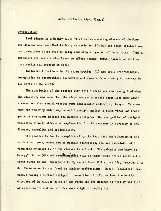 Report detailing the history and issues regarding avian influenza outbreaks.