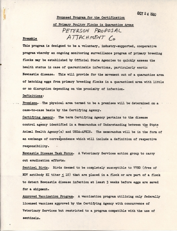 Program proposal for the certification of primary poultry flocks in quarantine areas produced in 1980 for the American Association of Avian Pathologists.