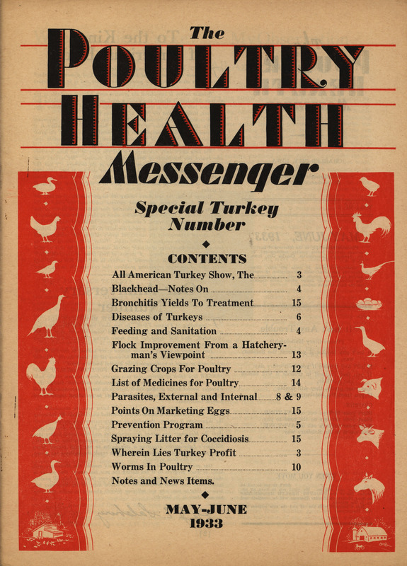 A Journal gathering articles related to veterinary practice in poultry from May-June 1933.