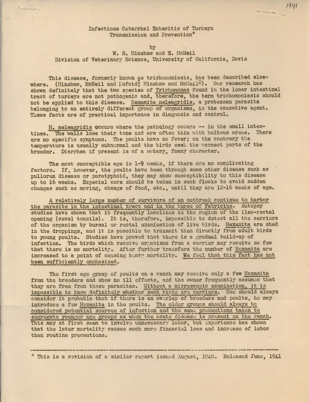 Report on infectious catarrhal enteritis of turkeys transmission and prevention from 1941.