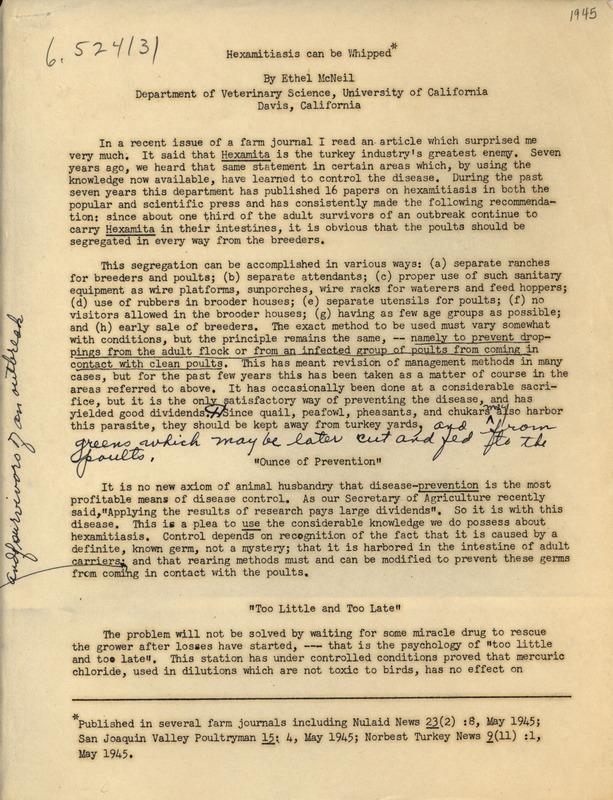 Report on the treatment and prevention of hexamitiasis in turkeys from 1945.
