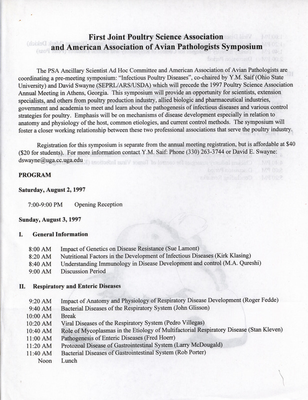 Program for the First Joint Poultry Science Association and American Association of Avian Pathologists Symposium on August 2-3, 1997.