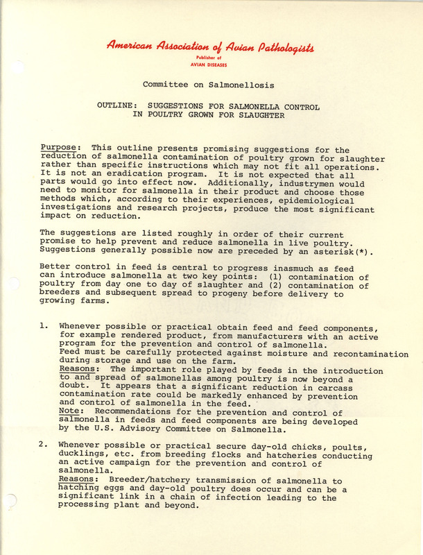A historic report of suggestions by the American Association of Avian Pathologists for the reduction of salmonella in poultry.