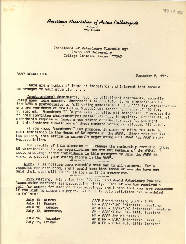 Newsletter sent on December 8, 1976 from the American Association of Avian Pathologists, describing constitutional amendments, meeting schedule and committee assignments.