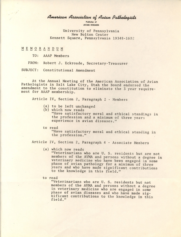 A memorandum describing a proposal of an amendment to remove a requirement for American Association of Avian Pathologists membership.