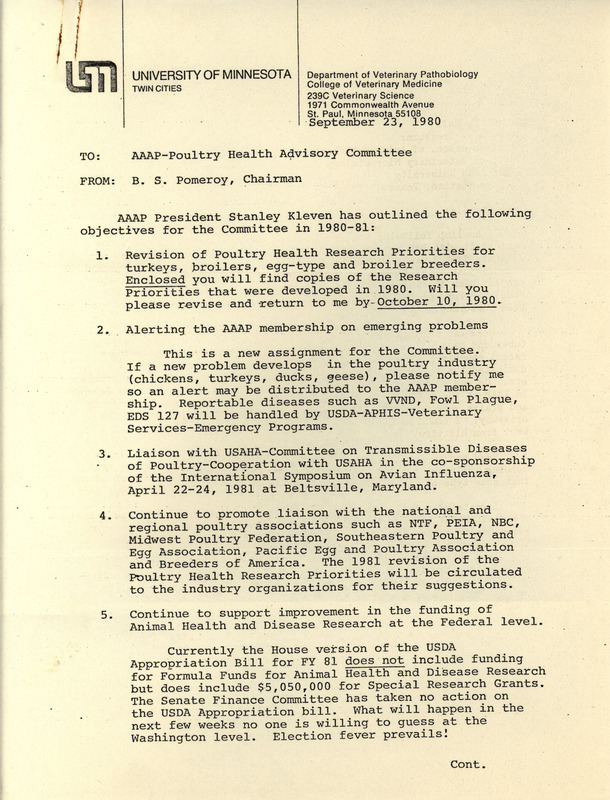 A 1980 outline of the objectives for the Poultry Health Advisory Committee of the American Association of Avian Pathologists during 1980 and 1981.