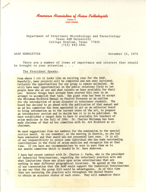 Newsletter for the American Association of Avian Pathologists from November 15, 1979 including a letter from the president of the organization, upcoming meetings and other information.