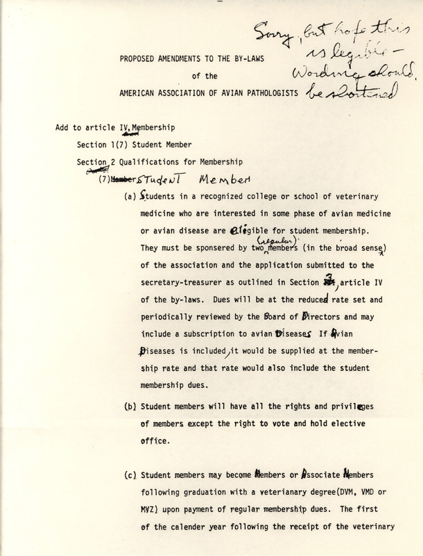 A memorandum proposing amendments to the by-laws of the American Association of Avian Pathologists, specifically in regards to membership qualification.