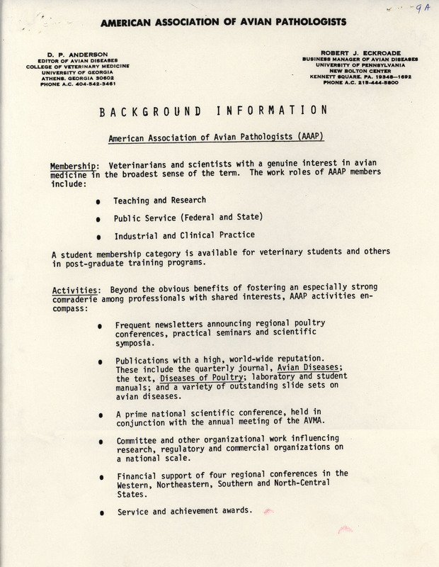 A flier giving background information on the American Association of Avian Pathologists for recruitment purposes.