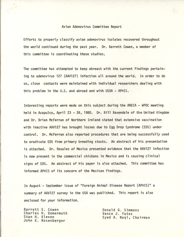 Report by the American Association of Avian Pathologists Avian Adenovirus Committee, detailing the committee's actions from the past year.