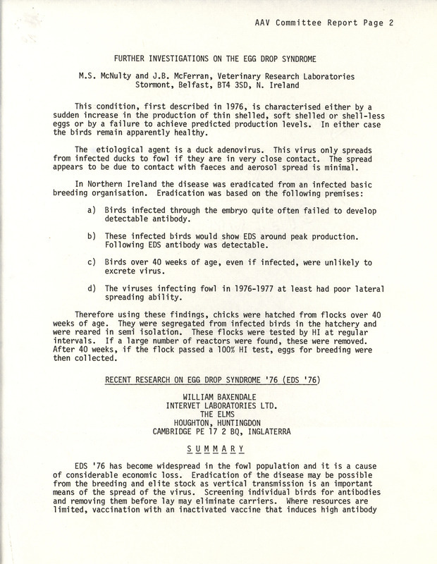 Report detailing investigations on the egg drop syndrome and describing recent research on it.