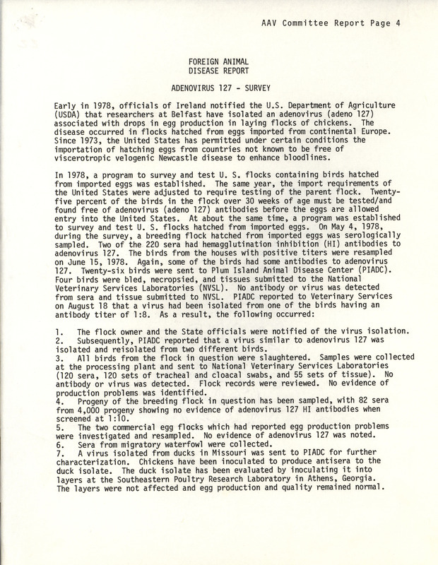 Report by the Association of Avian Veterinarians on foreign animal disease from 1978 describing drops in chicken egg production and reasons for the drop.