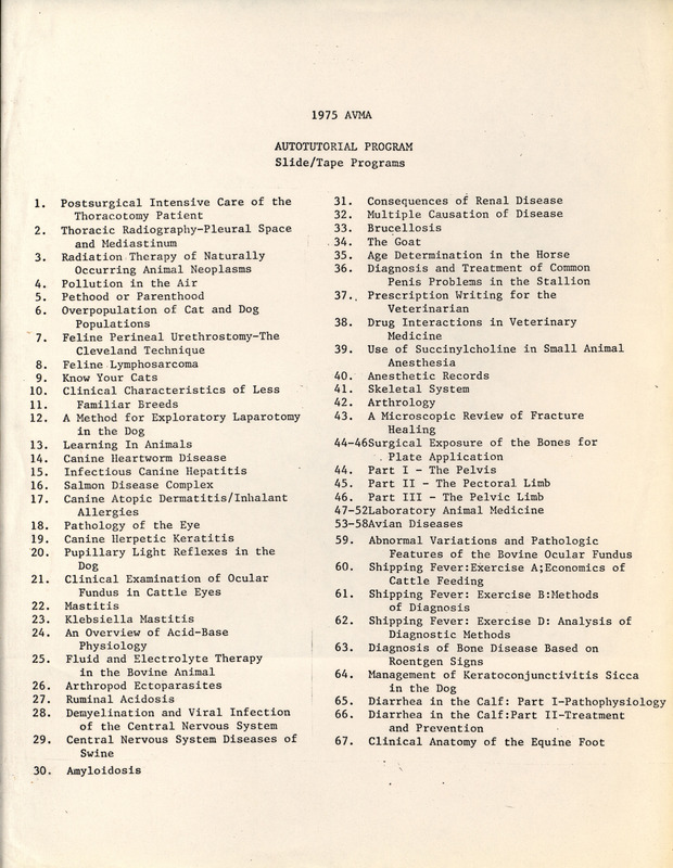 List of programs for autotutorial created by the American Veterinary Medical Association from 1975.