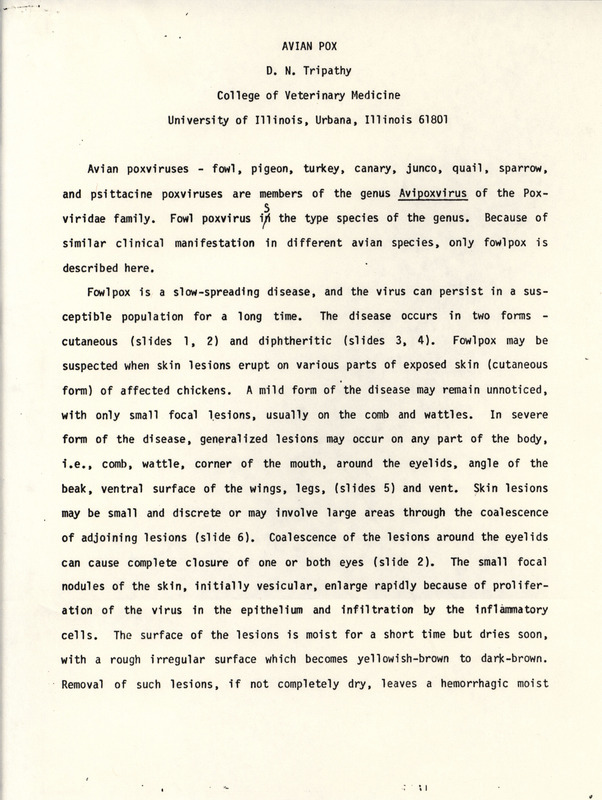 Report by D. N. Tripathy outlining avian pox viruses, recent research related to them and treatments.