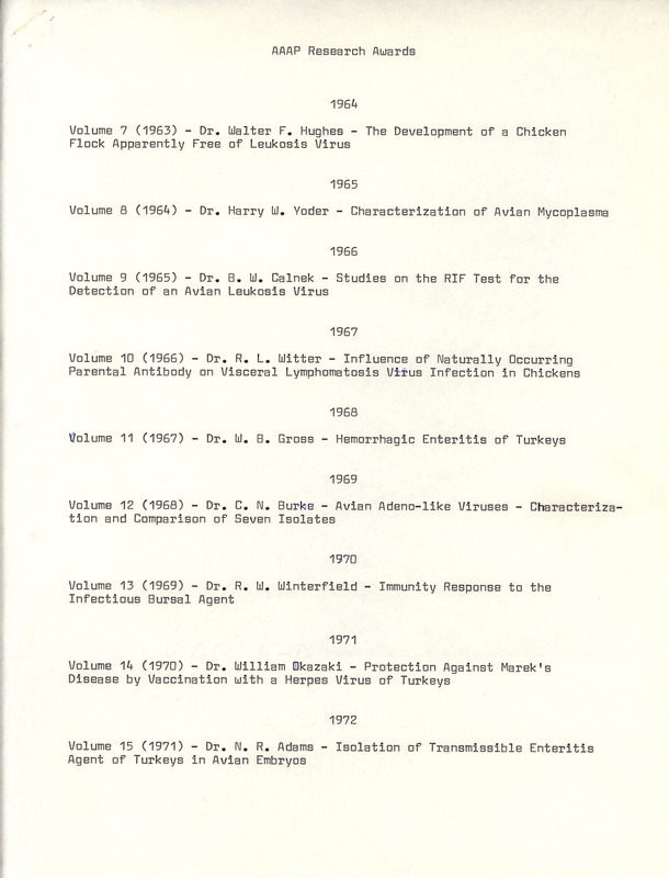 List of research awards given by the American Association of Avian Pathologists from 1964 to 1974.