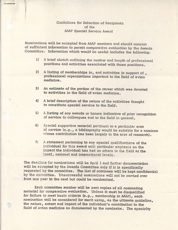 Guidelines for the selection of recipients for the special service award offered by the Association of Avian Pathologists.