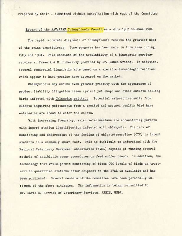 Report by the American Association of Avian Pathologists Chlamydiosis Committee from 1983-1984 describing their actions and future goals.