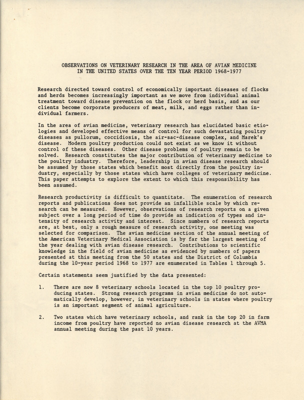 Report describing information gathered from research on avian medicine in the United States from 1968-1977.