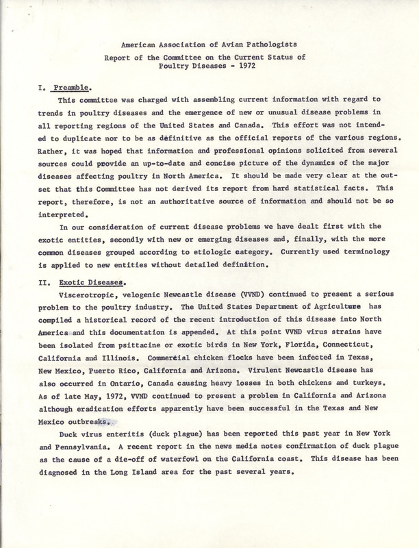 American Association of Avian Pathologists 1972 Report of the Committee on the Current Status of Poultry Diseases describing the committee's actions from the last year.