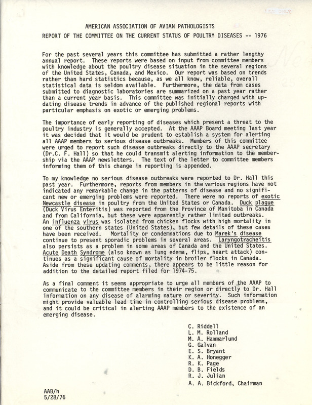 Annual report of the American Association of Avian Pathologists Committee on the Current Status of Poultry Diseases, including member names.