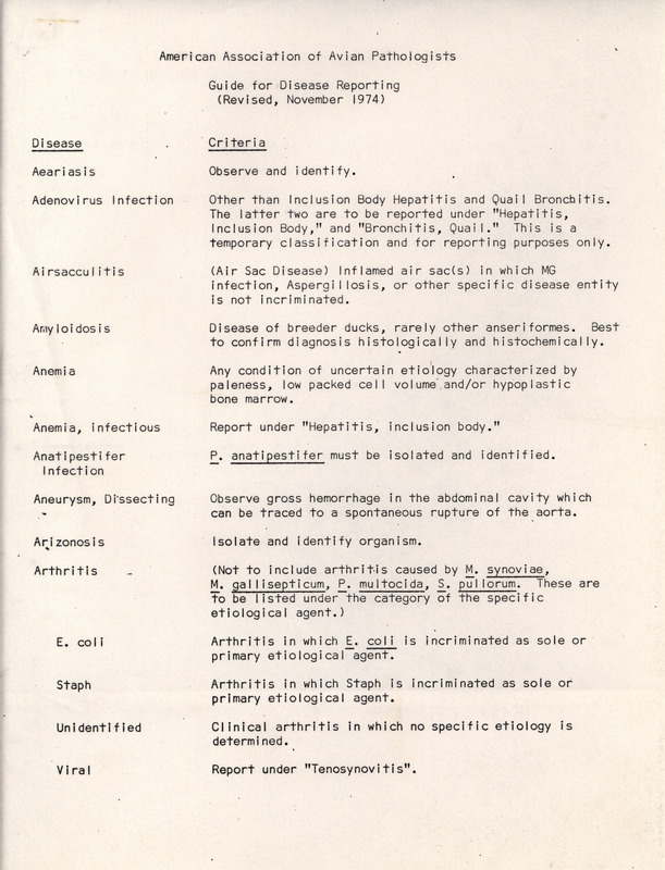 American Association of Avian Pathologists 1974 Guide for Disease Reporting detailing the proper response to identifying the major avian diseases.
