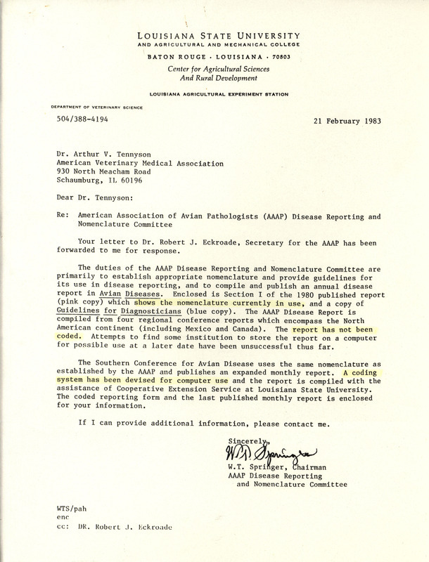 American Association of Avian Pathologists 1985 guide for disease reporting, describing the practitioner's proper response to identifying major diseases in pet, zoo and wild birds.