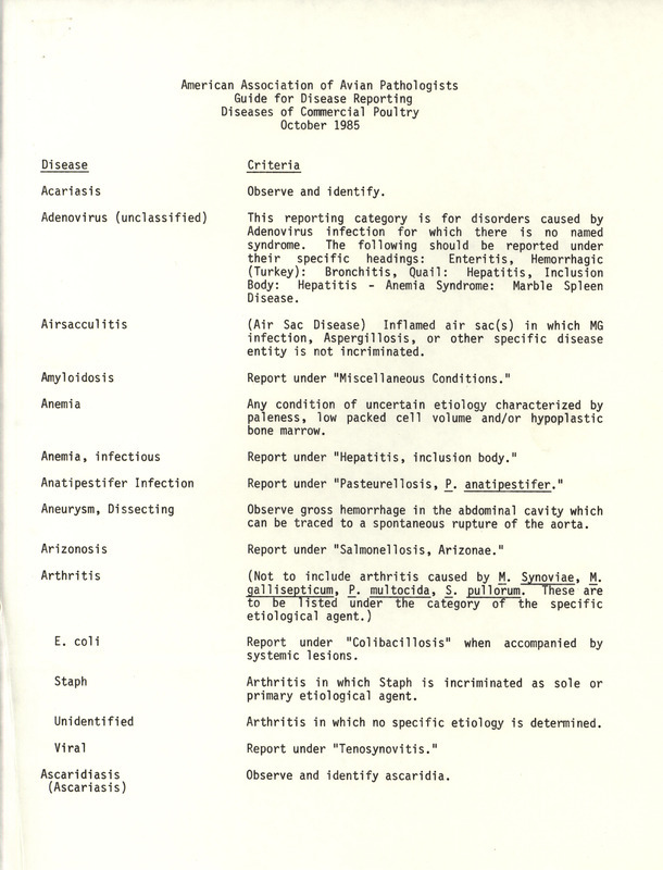 American Association of Avian Pathologists 1985 guide for disease reporting describing the practitioner's proper response to identifying major diseases of commercial poultry.