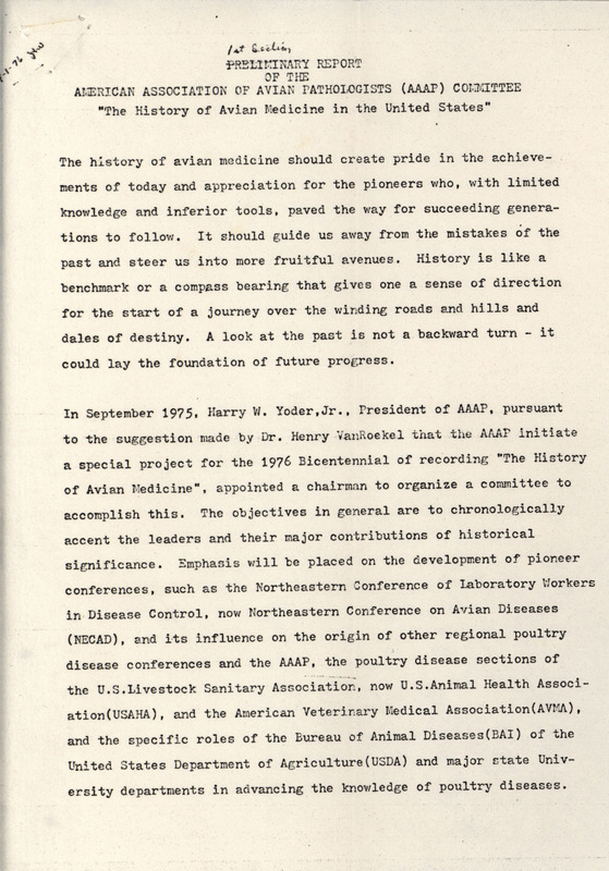American Association of Avian Pathologists Preliminary Report detailing the history of avian medicine in the United States.