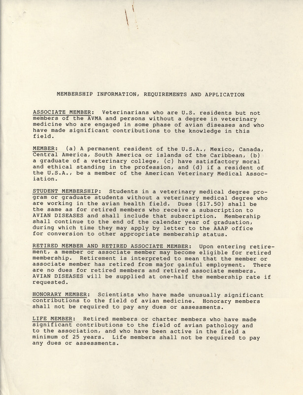 Flier detailing membership information, requirements and application process for membership in the American Association of Avian Pathologists.