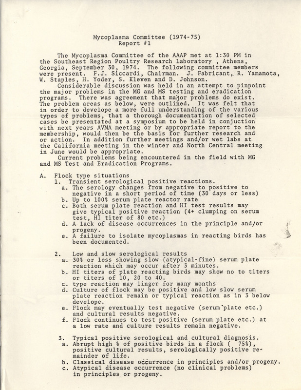 American Association of Avian Pathologists 1974-1975 Mycoplasma Committee report describing the group's recent actions, research findings and future research topics.