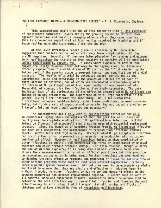 A report on Willful Exposure to MG by the American Association of Avian Pathologists committee on Mycoplasma Diseases. The report describes the results of purposefully infecting poultry to prevent later exposure.