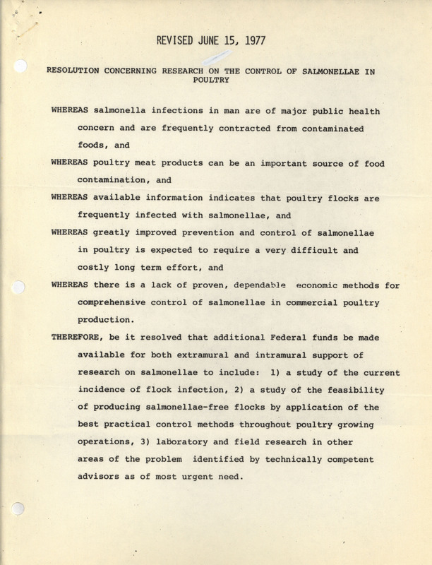 Resolution arguing for additional federal funds for salmonellae research sent to the United States Secretary of Agriculture.