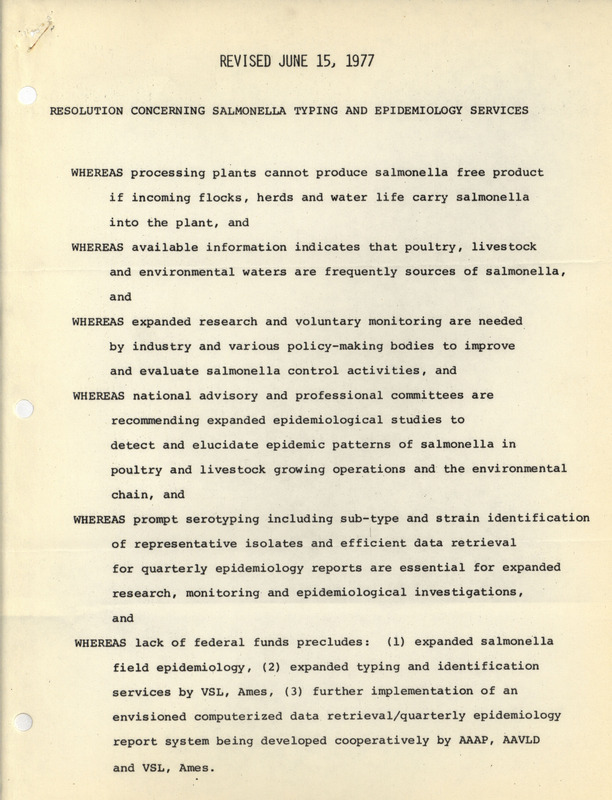 Resolution arguing for additional federal funds for salmonella treatment and prevention research sent to the United States Secretary of Agriculture and various meat industry associations and councils.
