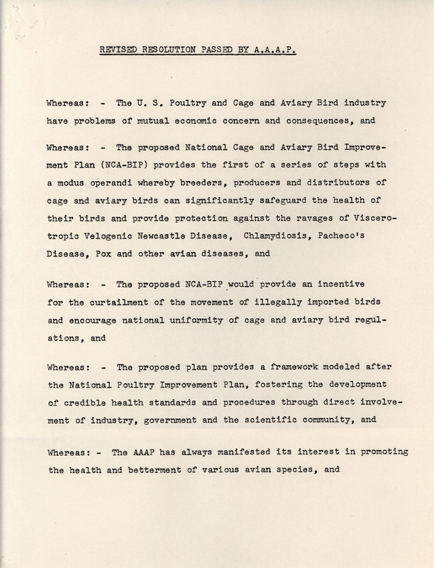 Resolution describing the American Association of Avian Pathologists' support of a National Cage and Aviary Improvement Plan.