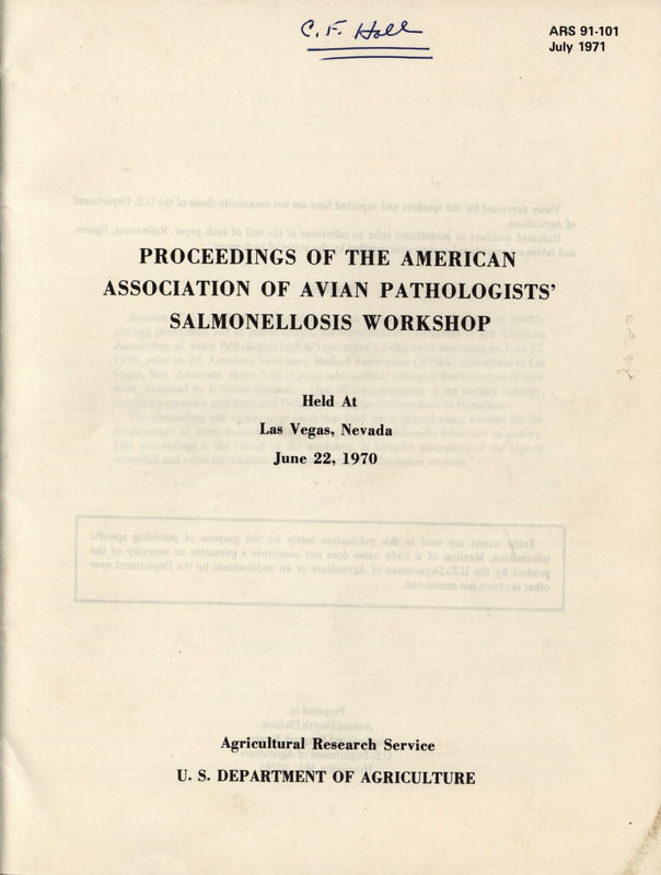 Notes from a workshop held in Las Vegas, Nevada in June 1970 on avian salmonellosis by the American Association of Avian Pathologists. Describes the issue of salmonellosis in poultry and egg production and solutions.