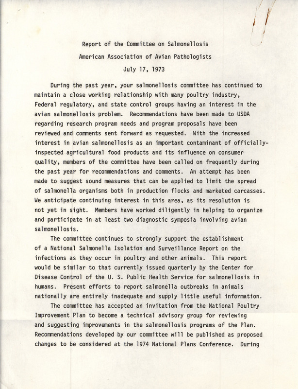 A July 17, 1973 report from the American Association of Avian Pathologists Committee on Salmonellosis describing the actions of the committee over the past year.