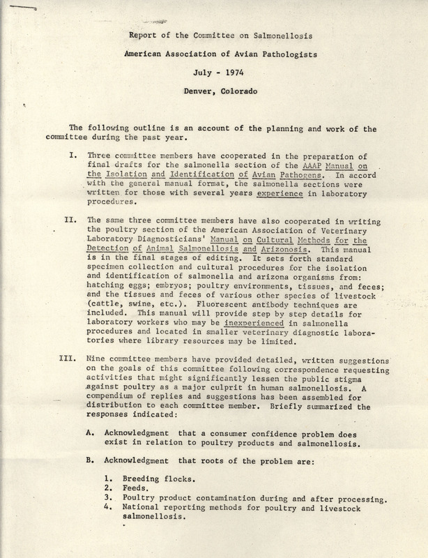 A report from the American Association of Avian Pathologists Committee on Salmonellosis from July 1974 describing the work of the committee from the past year.