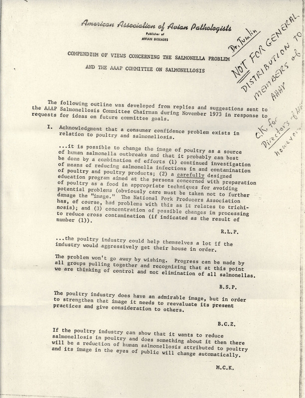 A report outlining the views of the American Association of Avian Pathologists on issues regarding salmonella and describing the goals of the association's committee on salmonellosis.