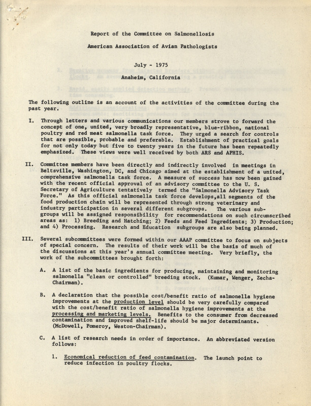 Report describing the actions and goals of the Committee on Salmonellosis of the American Association of Avian Pathologists from July 1975.