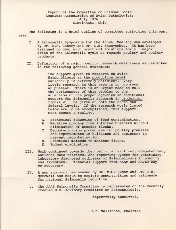 Report describing the actions and goals of the Committee on Salmonellosis of the American Association of Avian Pathologists from July 1976 in Cincinnati, Ohio.