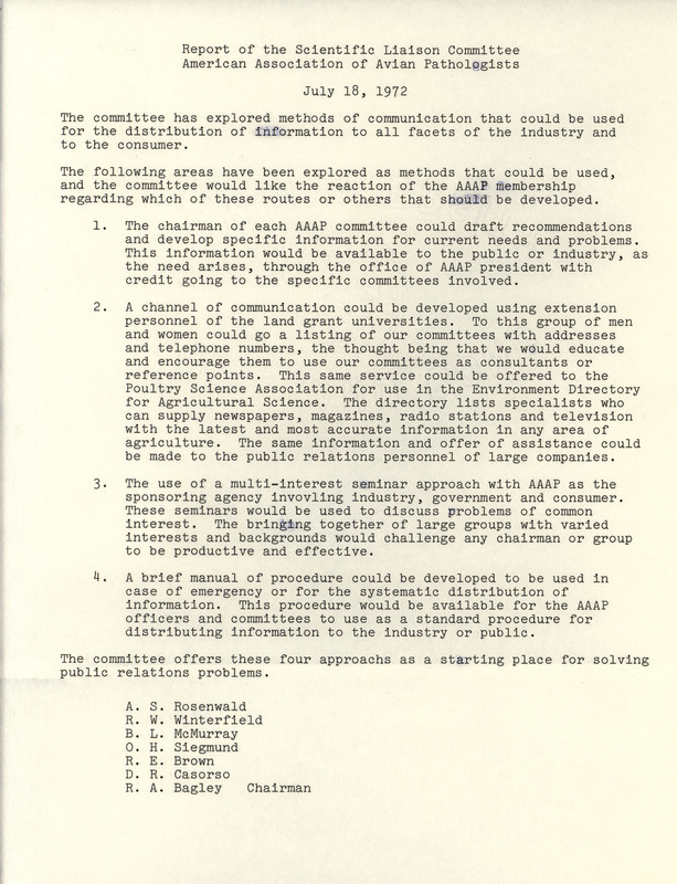 A report from July 18, 1972 by the American Association of Avian Pathologists Scientific Liaison Committee describing their findings from the past year and offering proposals for development of the association.