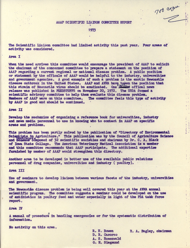 Report from 1973 by the American Association of Avian Pathologists describing the activity of the committee from the past year and goals for the future.