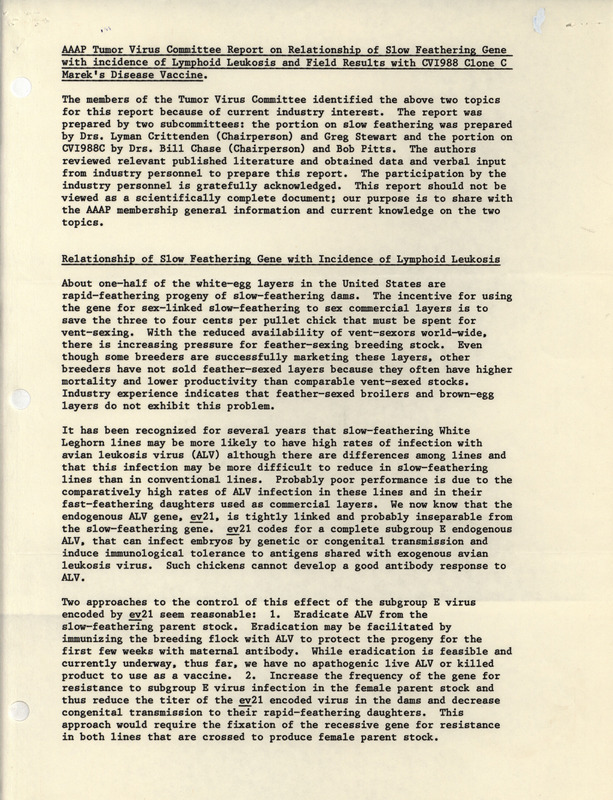 Report by the Tumor Virus Committee of the American Association of Avian Pathologists describing the research conducted by the committee related to a Marek's Disease vaccine and lymphoid leukosis.