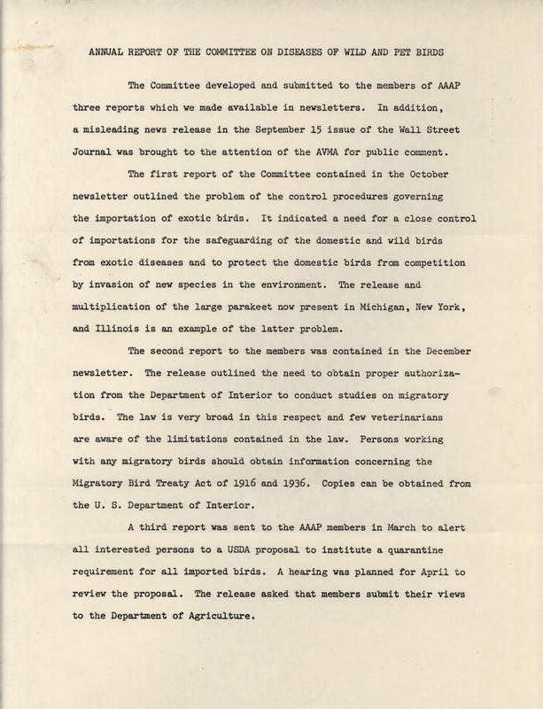 Annual report of the American Association of Avian Pathologists committee on diseases of wild and pet birds, including member names.