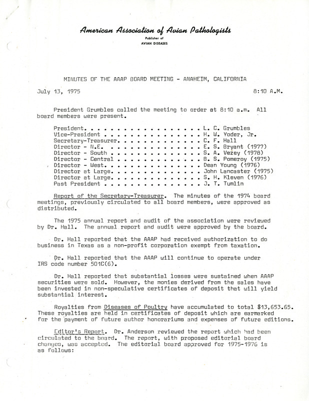 Item from a series of AAAP records containing meeting minutes and annual reports of the Board of Directors, newsletters, reports, financial statements, and copies of the constitution and bylaws.
