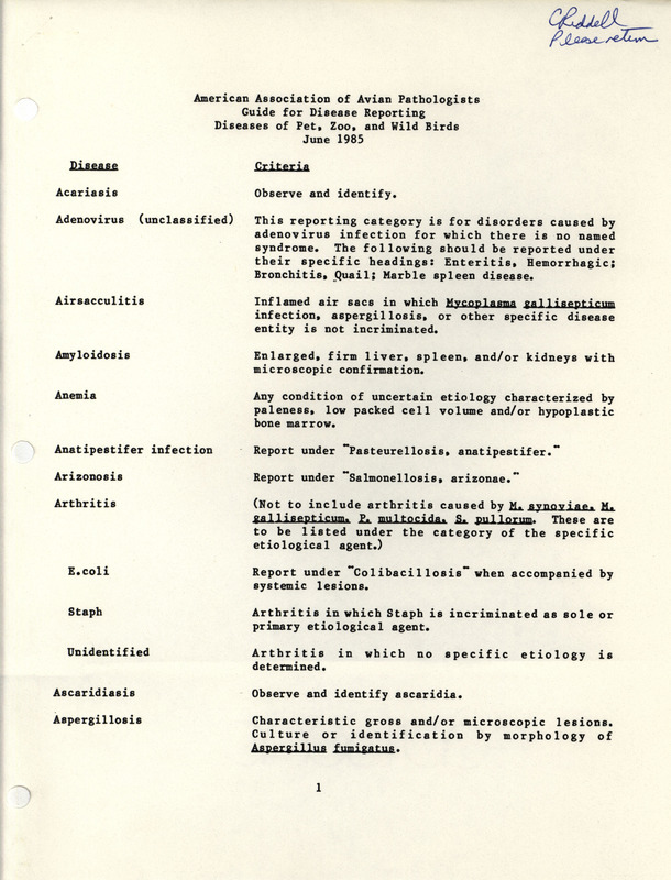 Guide for disease reporting of avians by the American Association of Avian Pathologists from June 1985. It describes the vocabulary and definitions of various avian diseases.