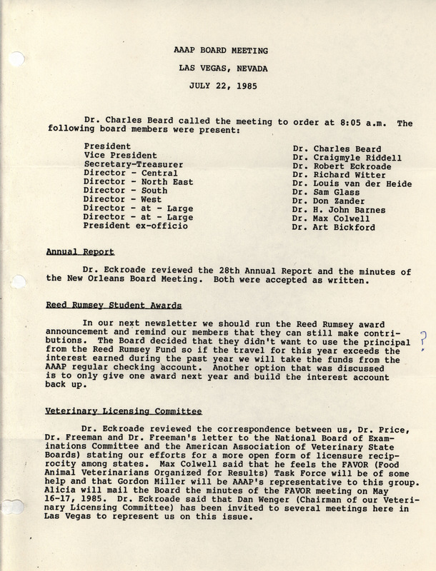 Meeting notes for the American Association of Avian Pathologists Board of Directors' meeting, July 22, 1985. The meeting notes highlight topics discussed at the meeting.
