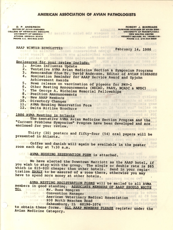 Winter newsletter of the American Association of Avian Pathologists from February 14, 1986 including announcements, memorandums and other news.