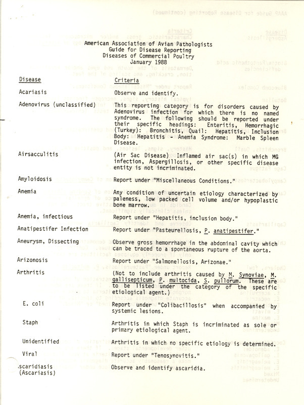 Guide from the American Association of Avian Pathologists from January 1988 describing vocabulary and descriptions of diseases related to commercial poultry.