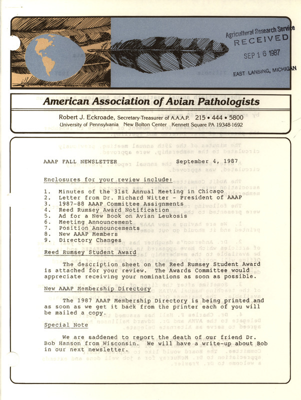 Fall newsletter by the American Association of Avian Pathologists from September 4, 1987 including minutes from annual meeting, association president's letter, assignments and other announcements.